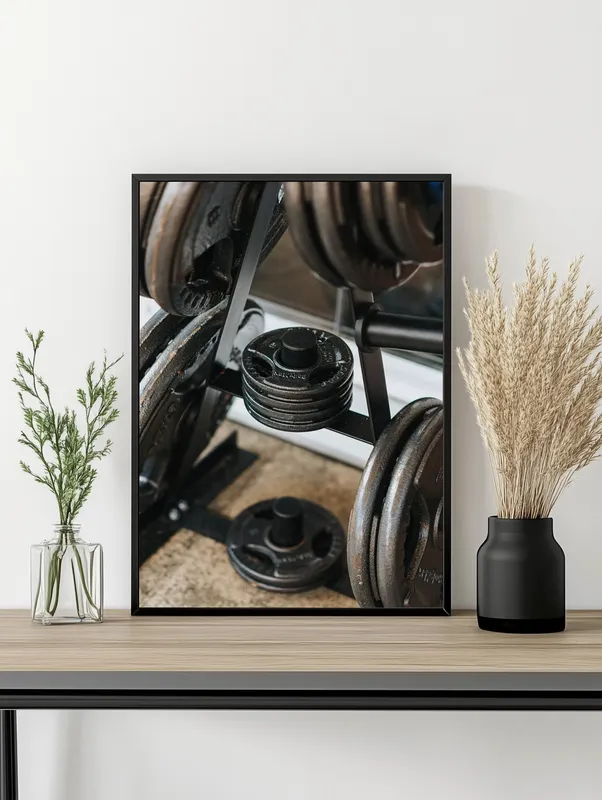 Постер «Диски для гантелей и штанг» над диваном в гостиной