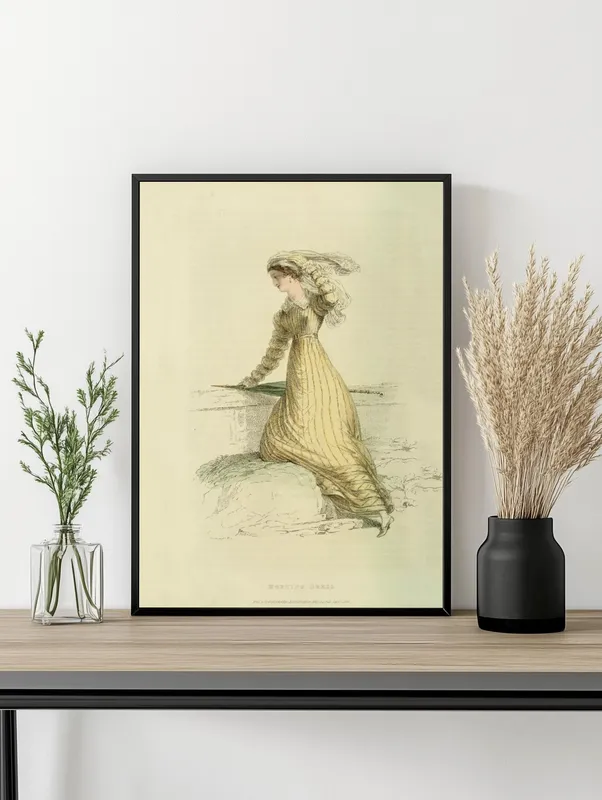 Постер «Утреннее платье» над диваном в гостиной