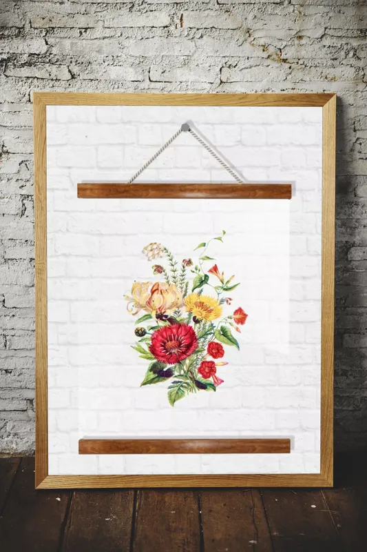 Постер «Прозрачный постер - Яркий букет цветов» над диваном в гостиной