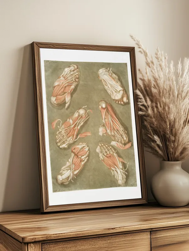 Постер «Анатомия - Мышцы человеческой стопы» над диваном в гостиной