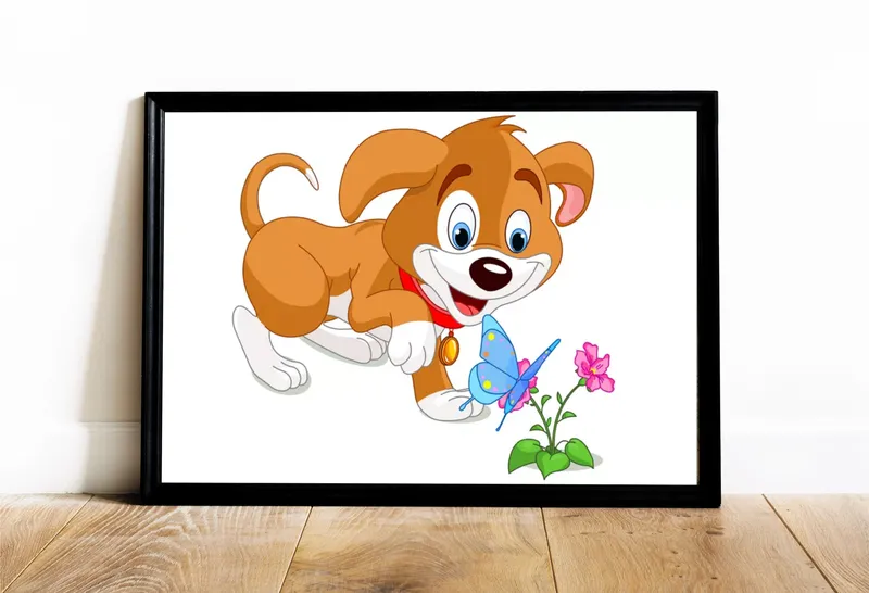 Постер «Любопытный щенок» на стене в офисе