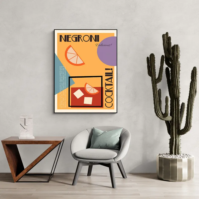 Постер «Коктейль негрони» на стене в офисе
