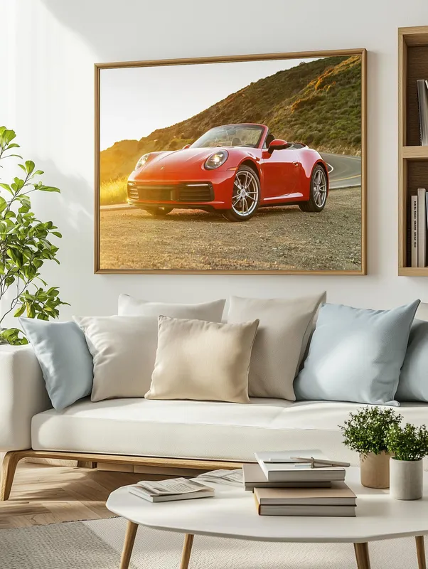 Постер «Красный Порш - кабриолет 911» над диваном в гостиной