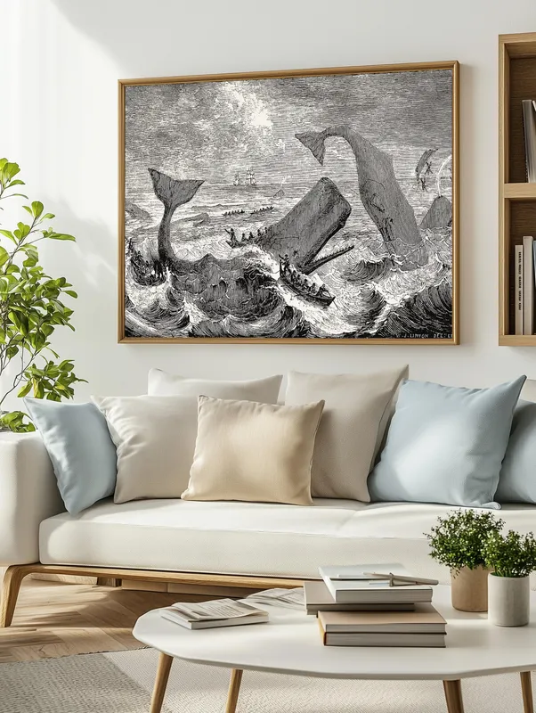 Постер «Бои китов» над диваном в гостиной