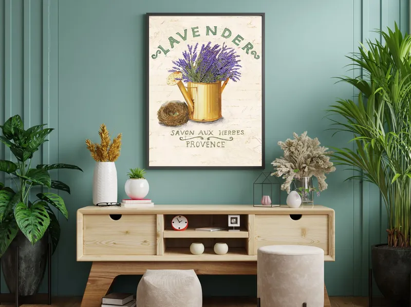 Постер «Цветы и растения - Лаванда в лейке» на стене в офисе