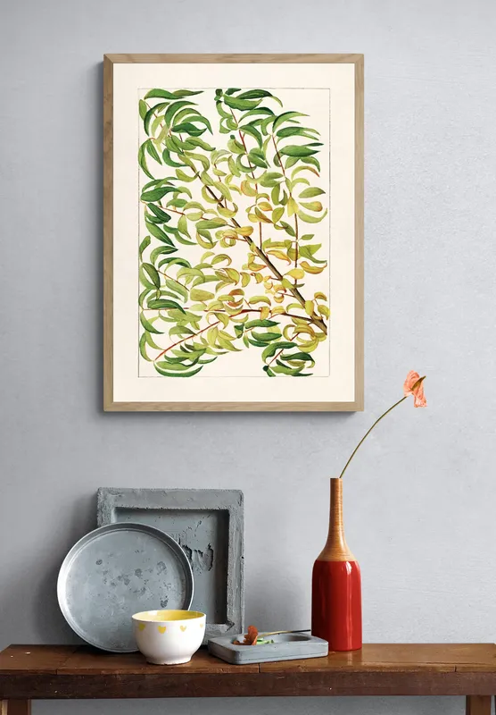 Постер «Листья - Ветвь персика» над диваном в гостиной