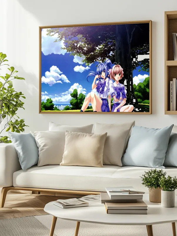 Постер «Беспокойные сердца. Задумчивые Харука и Мицуки» над диваном в гостиной