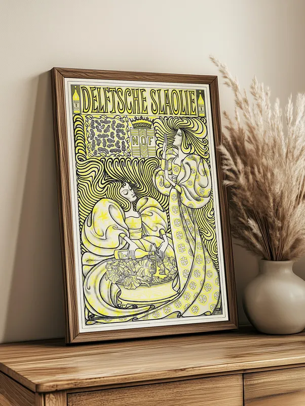 Постер «Винтажная реклама салатного масла» над диваном в гостиной