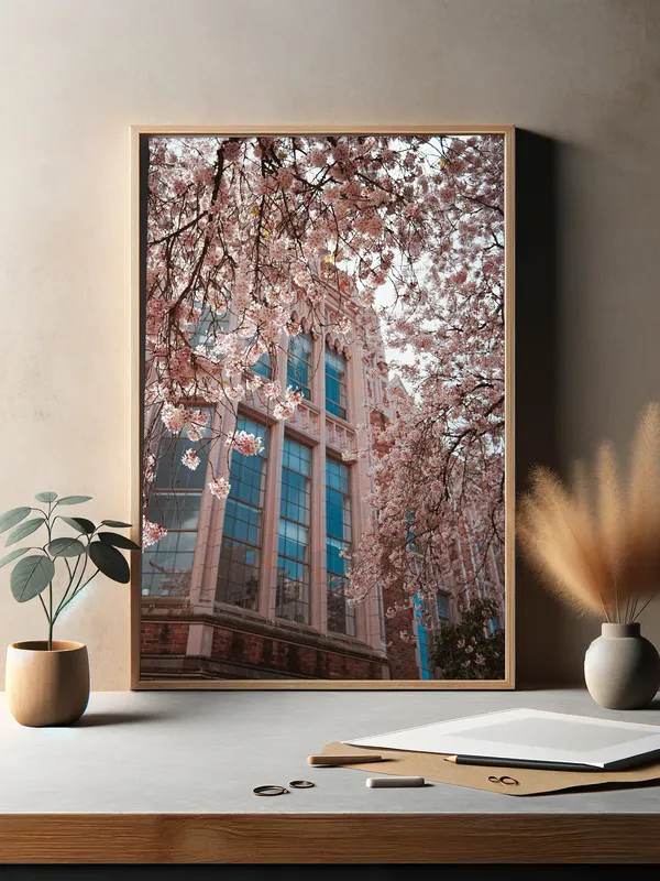 Постер «Цветы вишни» на стене в офисе