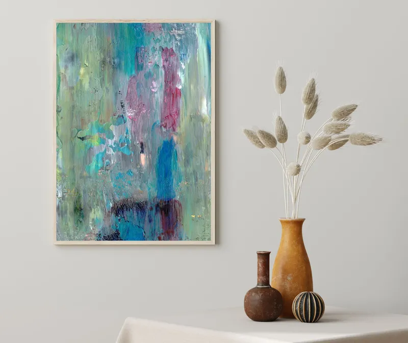 Постер «Зелено-голубые мазки» на стене в офисе