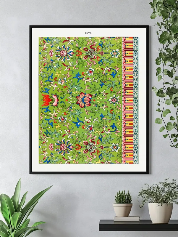 Постер «Китайский Орнамент - Зеленое Поле» над диваном в гостиной