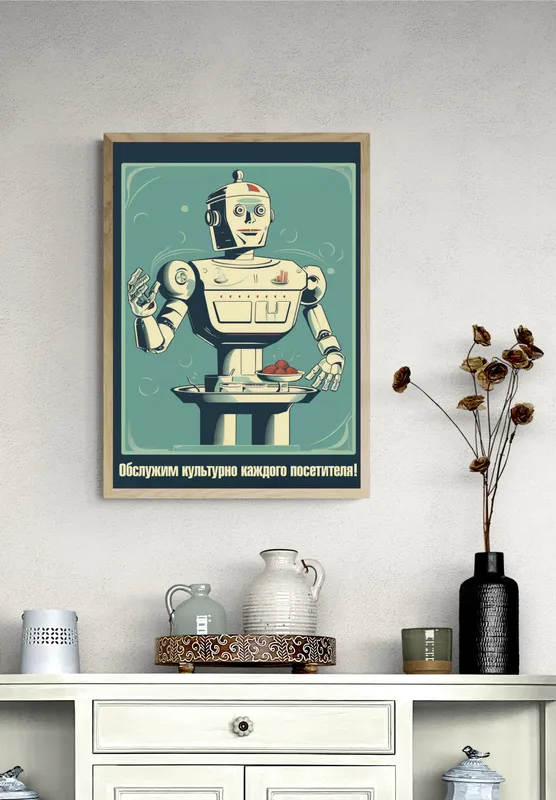 Постер «Обслужим культурно каждого посетителя» на стене в офисе