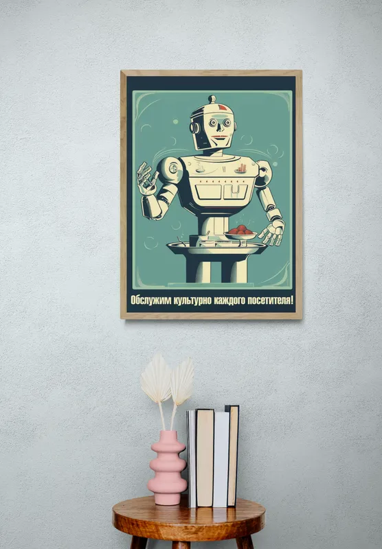 Постер «Обслужим культурно каждого посетителя» над диваном в гостиной