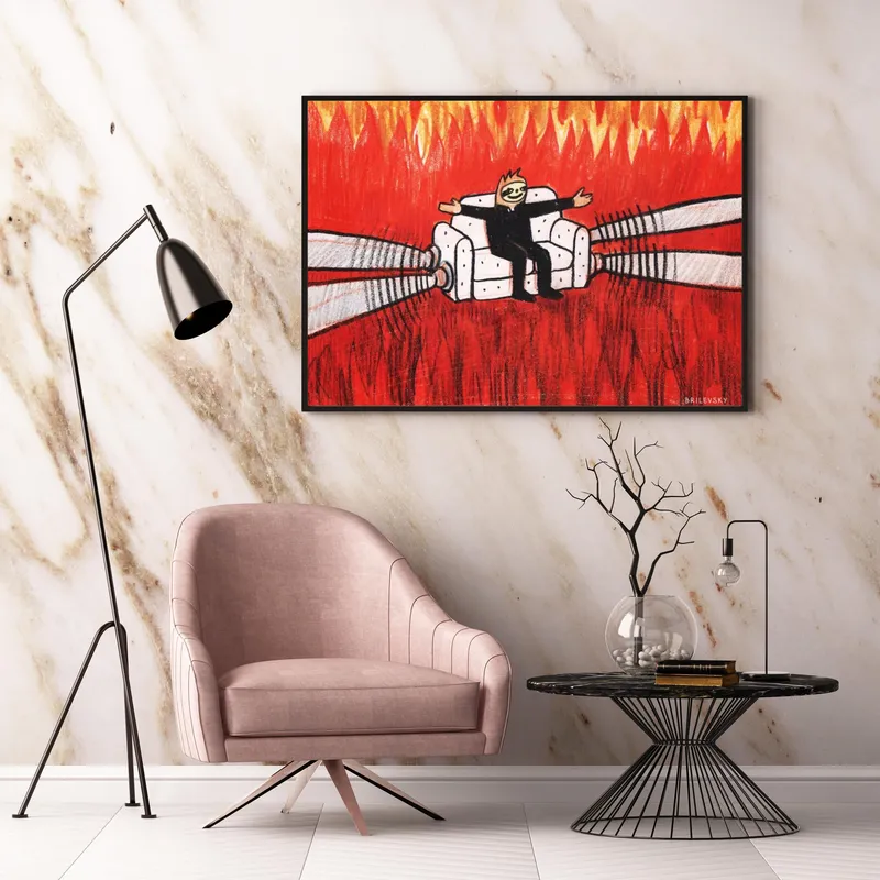 Постер «Brilevsky - И пусть горит весь мир» над диваном в гостиной