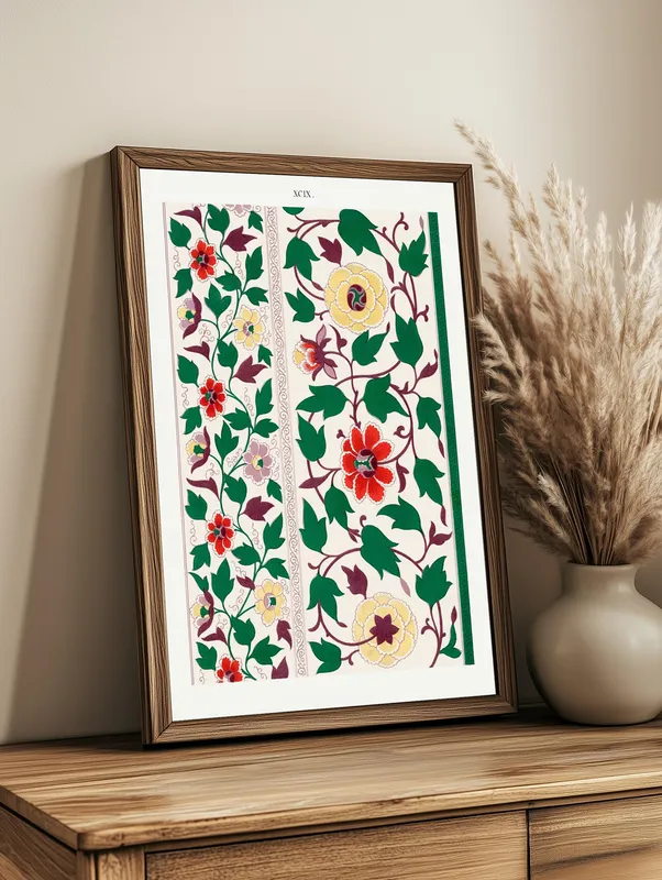 Постер «Китайский Орнамент - Желтые Соцветия» над диваном в гостиной