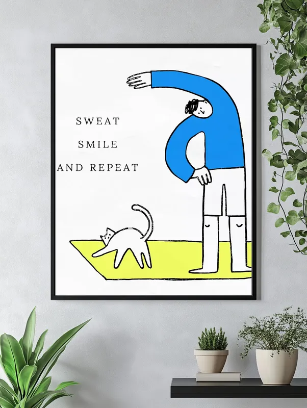 Постер «Упражнения с котом» на стене в офисе