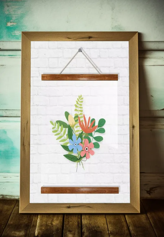 Постер «Прозрачный постер - Простой букет цветов» над диваном в гостиной