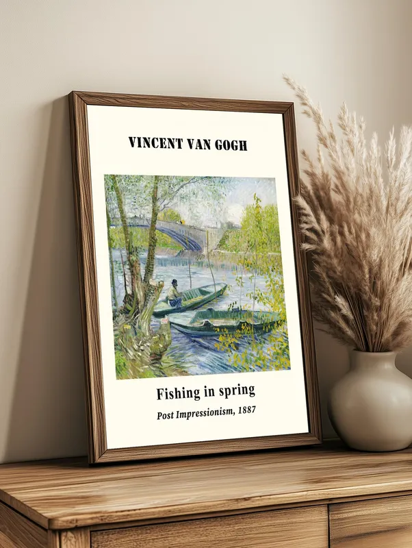 Постер «Ван Гог - Рыбалка весной» над диваном в гостиной