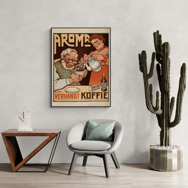 Постер «Рекламный плакат - Нидерландский кофе Aroma» над диваном в гостиной