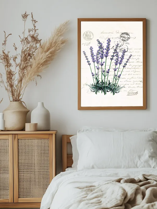 Постер «Цветы и растения - Лаванда луговая» над диваном в гостиной