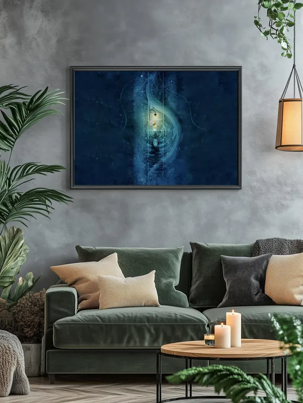 Постер «Хаяо Миядзаки - Унесенные призраками» над диваном в гостиной