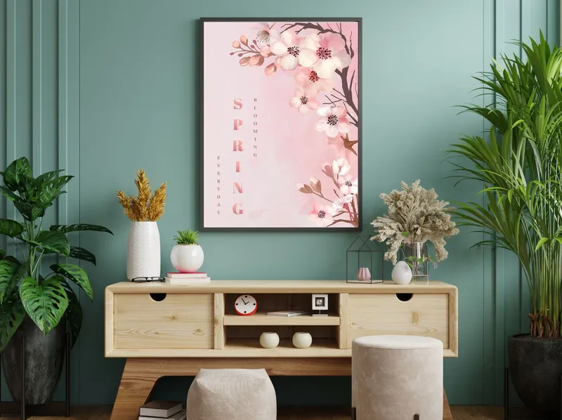 Постер «Весна - Цветочная капель» над диваном в гостиной