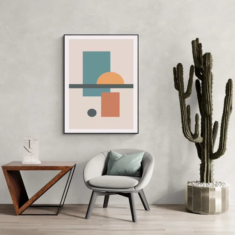 Постер «Геометрическое искусство» над диваном в гостиной