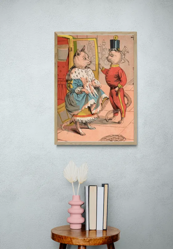 Постер «Кошки - Кошка выходит из кареты» над диваном в гостиной