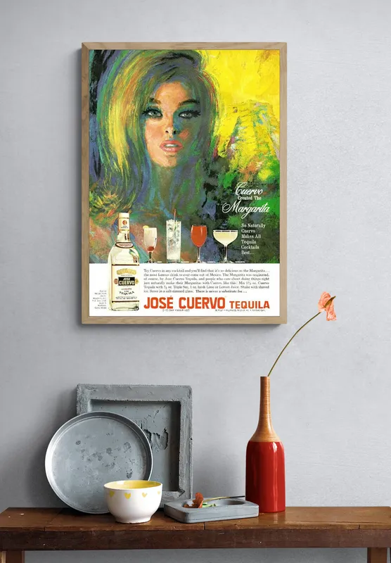 Постер «Рекламный плакат - Маргарита с лаймом Jose Cuervo Tequila» над диваном в гостиной