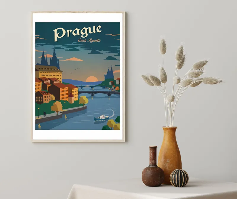 Постер «Ночная Прага» над диваном в гостиной