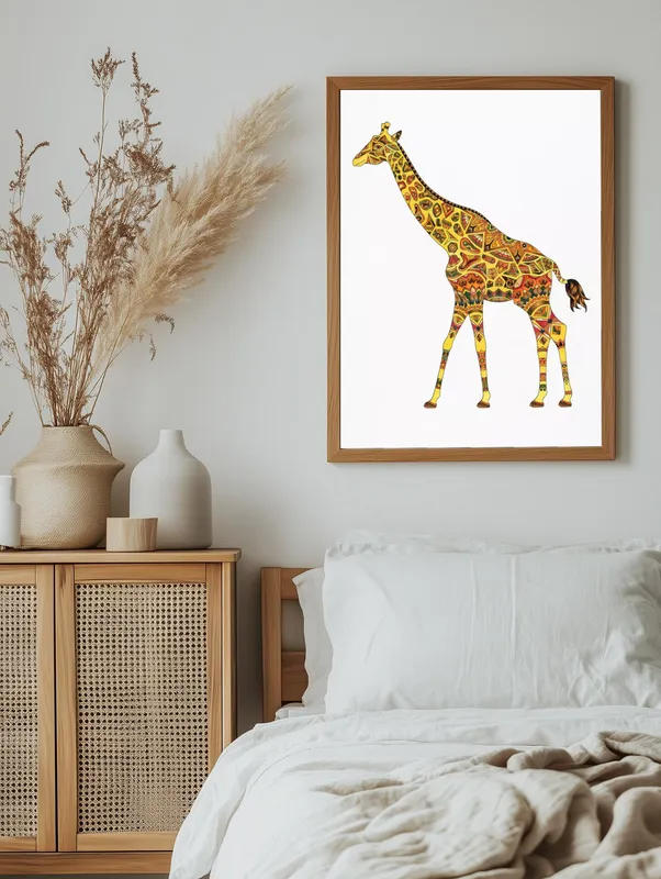 Постер «Жираф - Яркий жираф» над диваном в гостиной