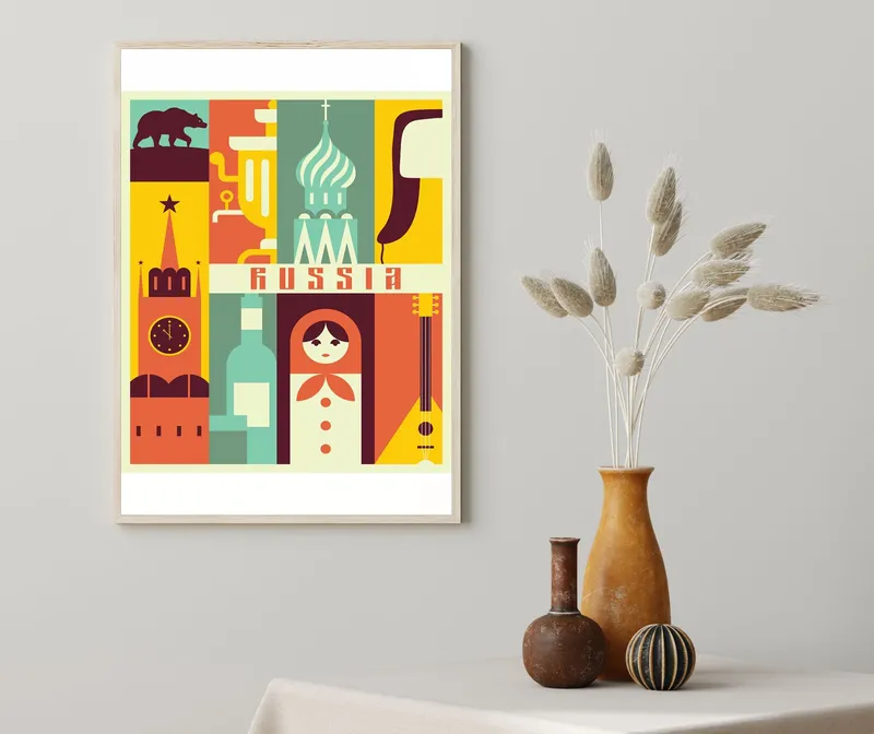 Постер «Культура России» над диваном в гостиной