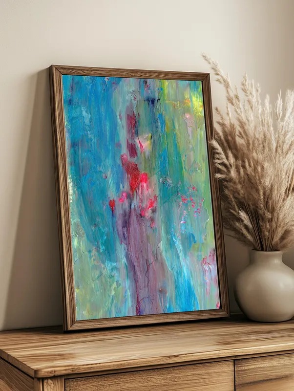 Постер «Абстрактная голубая краска» над диваном в гостиной