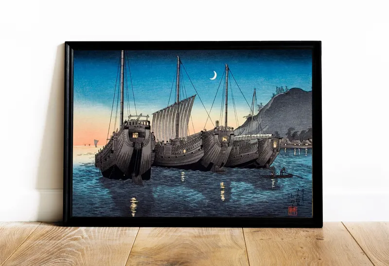 Постер «Джонки в заливе Инатори, Идзу» на стене в офисе