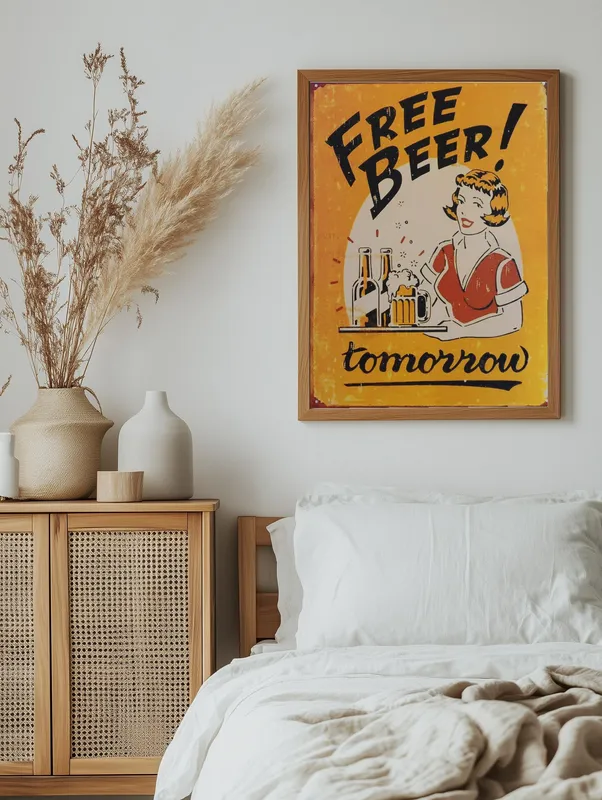 Постер «Рекламный плакат - Пиво Free Beer» над диваном в гостиной