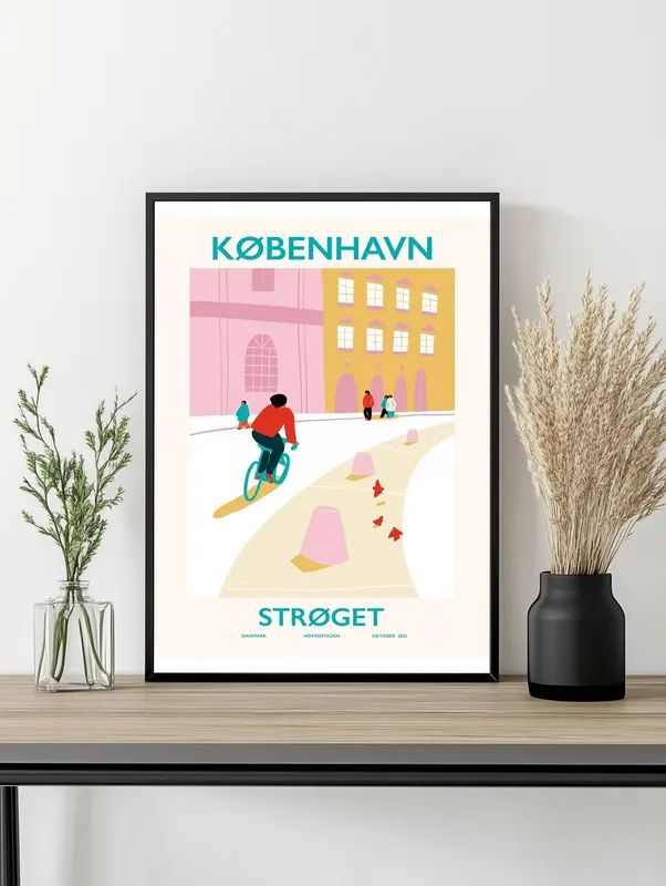 Постер «Копенгаген - Улица Стрёгет» над диваном в гостиной