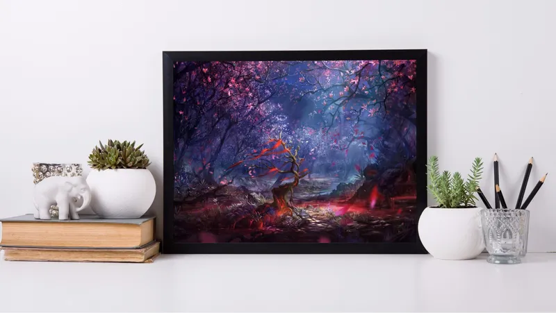 Постер «Лес сакуры» на стене в офисе