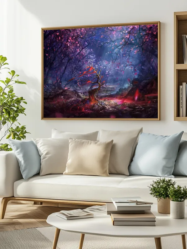 Постер «Лес сакуры» над диваном в гостиной