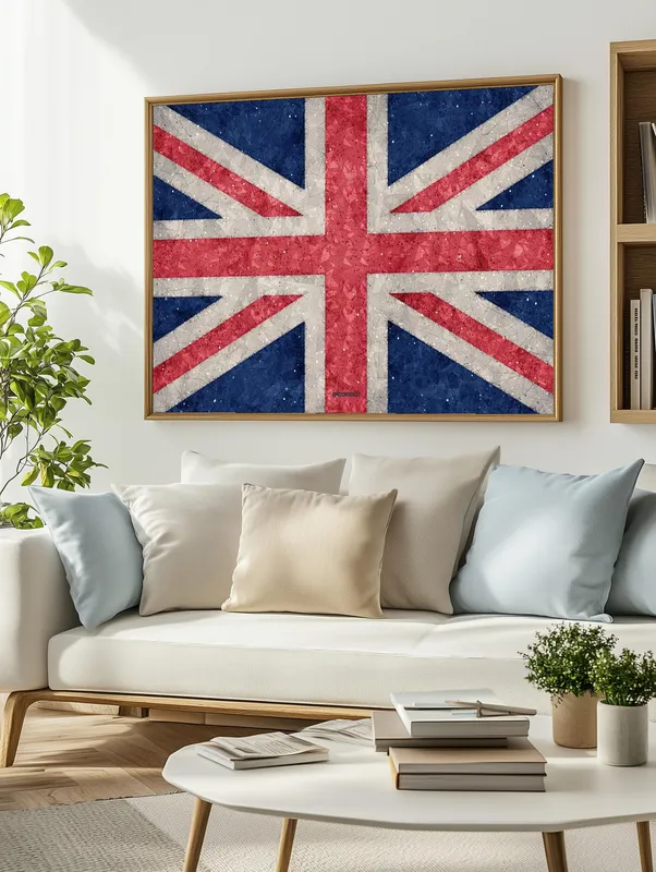 Постер «Флаг Великобритании» над диваном в гостиной