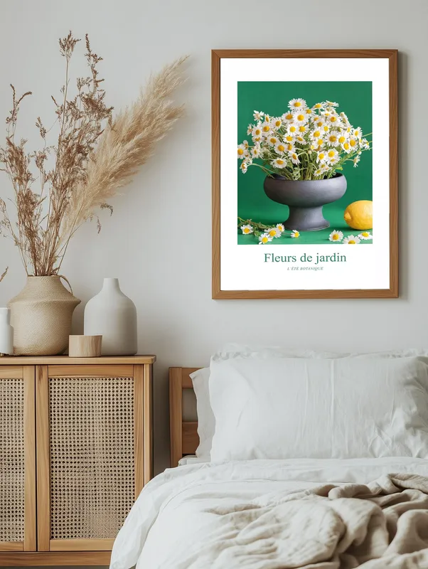 Постер «Садовые Цветы - Ромашки» над диваном в гостиной