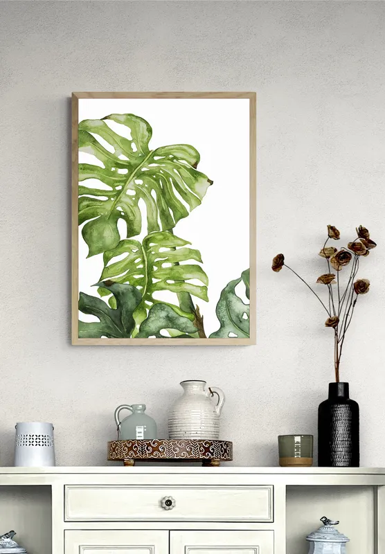 Постер «Монстера - Акварельная монстера» на стене в офисе