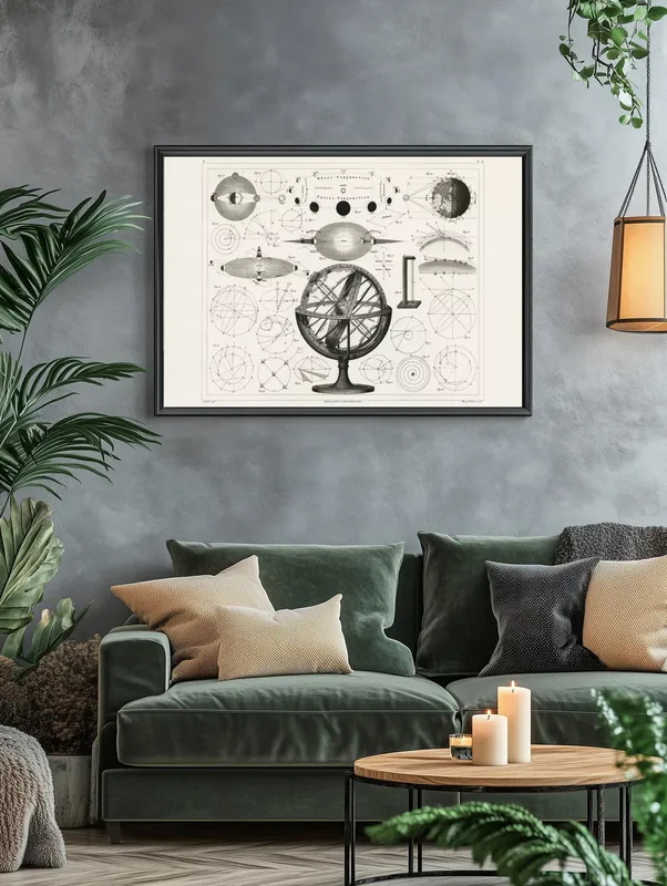 Постер «Старинные астрологические сферы» над диваном в гостиной