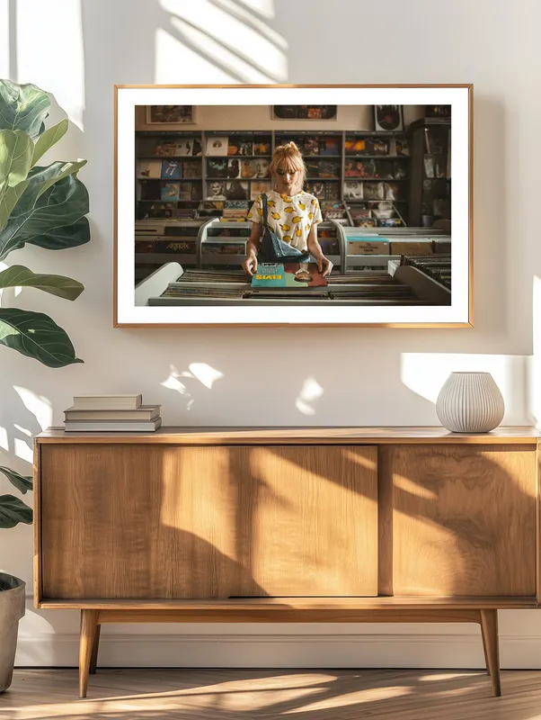 Постер «Девушка с пластинкой» над диваном в гостиной