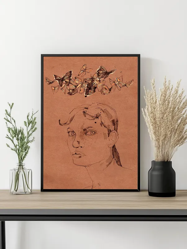 Постер «Рисунок Карандашом - Бабочки над Головой» на стене в офисе
