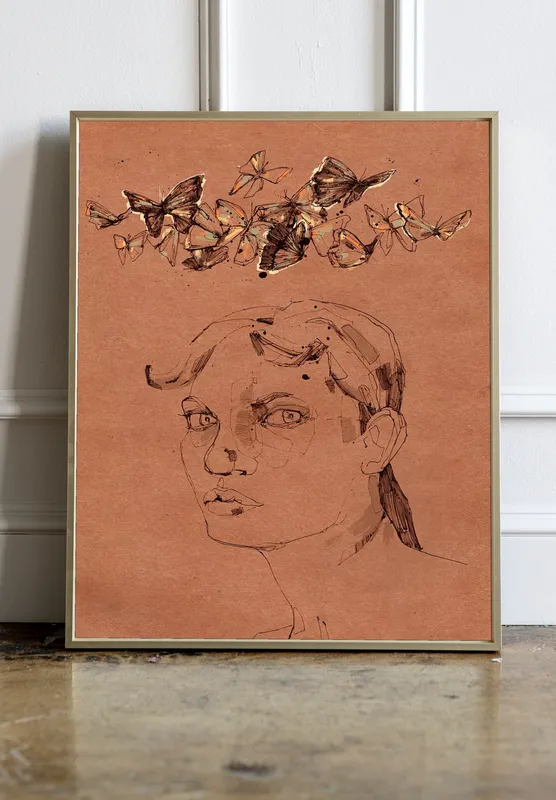 Постер «Рисунок Карандашом - Бабочки над Головой» над диваном в гостиной