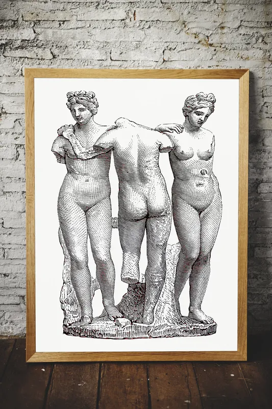 Постер «Скульптуры» над диваном в гостиной