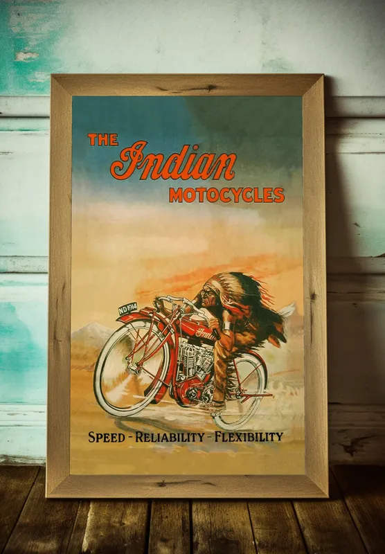 Постер «Мотоциклы - Индийский мотоцикл» над диваном в гостиной