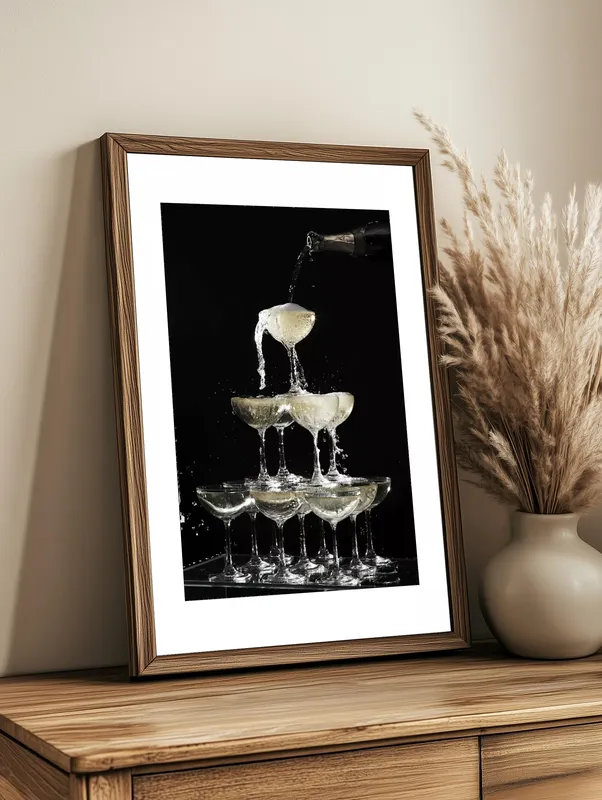 Постер «Пирамида из Шампанского» над диваном в гостиной