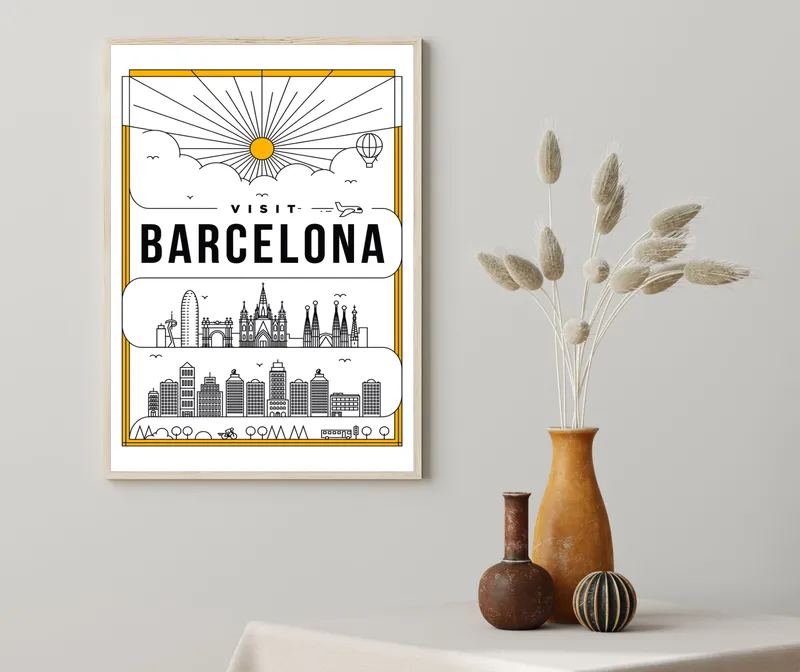 Постер «Солнечная Барселона» над диваном в гостиной