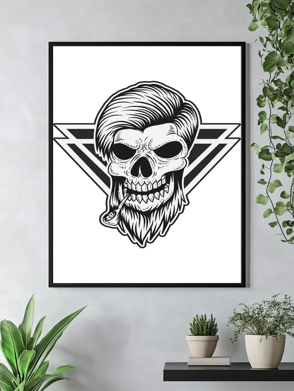 Постер «Череп с курительной трубкой» на стене в офисе